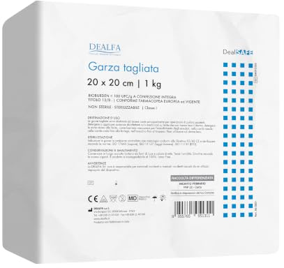 DEALFA Compresse di Garza Tagliata - 20x20 cm - Garza Idrofila 12/8-100% Puro Cotone - Morbida e Assorbente - Monouso - Pacco da 1 Kg