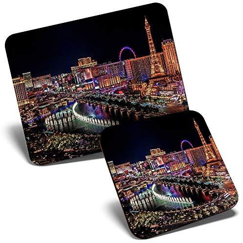 Mouse Mat & Coaster Set - Las Vegas Strip Night Scene 23.5 x 19.6 cm & 9 x 9 cm for Computer & Laptop, Office, Gift, Non-slip Base #2797