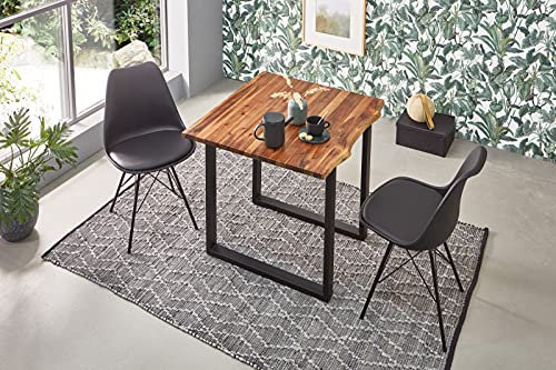 SAM 3tlg. Essgruppe Esra, Esstisch 80 x 80 cm, Akazienholz massiv & cognacfarben, Baumkantentisch mit U-Gestell Schwarz + 2 x Stuhl Lerche schwarz, Tischgruppe im Industrial-Stil