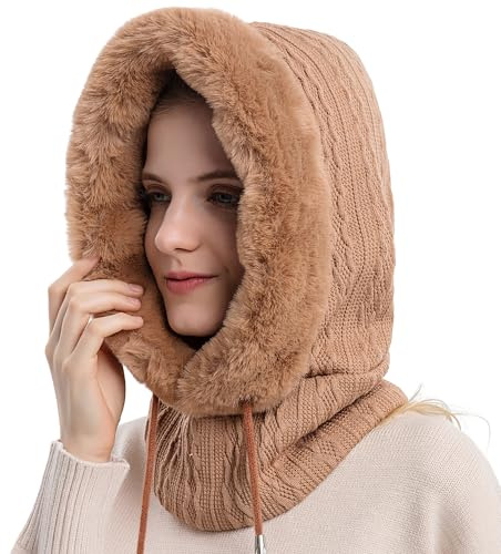 WANYIG 2 i 1 vintermössa stickad mössa varm mössa cirkel halsduk set balaclava vinter stickad mössa med fleecefoder för kvinnor vindtät mössa köldskydd skidmössa 56–60 cm, kaki, 56/60 cm