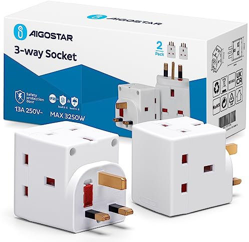 3 Way Plug Adapter UK, Aigostar 3 Pin Plug Adapter 3 Way 13Amp Wall Socket Adapter, Multi Plug Extender Socket Splitter Extension Block for Kitchen, Home, Office, White