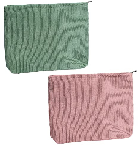 Kleine Kosmetiktasche 2 Stück Cord Stoff Kulturtasche mit Reißverschluss, Tragbare Reise Schminktasche für Mädchen Damen, Rosa Grün Kulturbeutel für Kosmetik Handtasche (25 x 18 x 5cm)