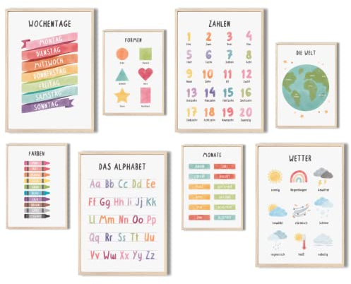 MeinBaby123® pädagogische Lernplakate Lernposter | Bilder Kinderzimmer | 8er Set A4 & A5 Poster Set | Alphabet ABC, Zahlen | Vorschule, Grundschule | Wandposter Premium (Lernposter - 8ter Set V2)