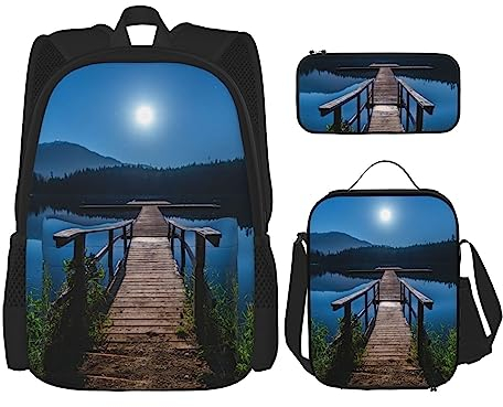 Ensemble sac à dos 3 pièces motif fleurs tropicales, sac à bandoulière réglable avec boîte à déjeuner et trousse à crayons, Tréteau en bois au bord de l'eau, Taille unique, Sac à dos daypack