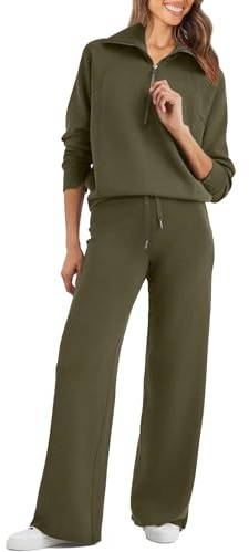 Glamaker Women's 2 Piece Sweatshirt Set, Oversized Half Zip Wide Leg Sweatshirt Lounge Set Tracksuit, Army Green, Medium, Green (Army Green), M