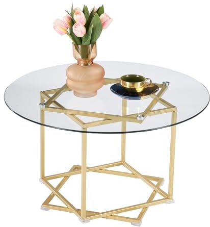 ZZINOKE Couchtisch Rund Glas,Glastisch Wohnzimmer mit Oberfläche aus Hartglas und Metallgestell,Nachttisch,Sofatisch,Einfach zu Montieren,Glas