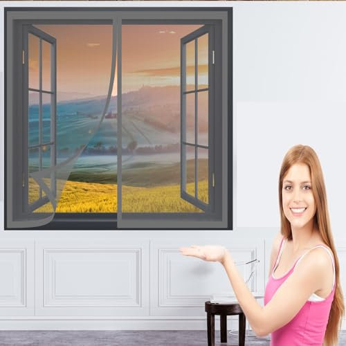 Cortina de Protección Contra Insectos 146 x 90 cm Pantalla de Ventana Mosquiteras Cierre Automático sin Taladrar Fácil de Ensamblar Cortina Antimoscas para Balcón y Puerta Ventana, Gris