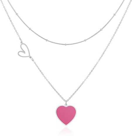 Linawe Collar con colgante en forma de corazón para mujer, collar de acero inoxidabl, cadena en capas con collar en forma de corazón, collar llamativo, joyería disponible en oro, oro rosa y plata
