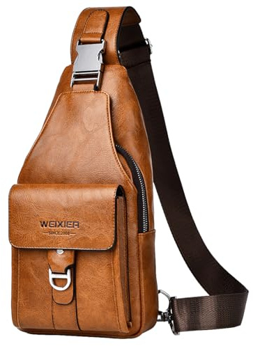 A-QMZL Sacoche Homme Bandouliere Sac de Poitrine business Loisir Sac a Dos PU Cuir Pochette Epaule de Voyage pour Homme (Brun clair)