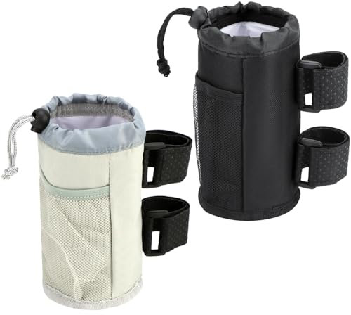 QWORK® 2 Pack Universal Bike Bottle Holder Drink Holder with Mesh Pocket and Drainage Hole - Fits Stroller, ATV, Wheelchair, Golf Cart - Easy Install with Adjustable Straps