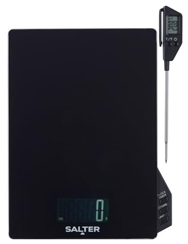 Salter Thermometer & Scale Set – Built-in Timer & Clock, Detachable Thermometer Probe, Aquatronic for Measuring Liquids, Celsius/Fahrenheit, Multiple Measure, LCD Display, Up to 5kg