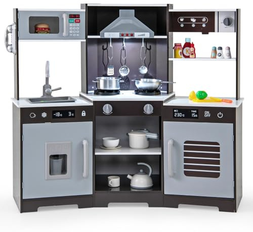 GOPLUS Cuisine en Bois Enfant, Jouet d'Imitation Ustensile Cuisine avec Effet Sonore, Lumière, Hotte, Micro-Ondes, Four, Accessoires Riches pour 3+ Ans (Marron)