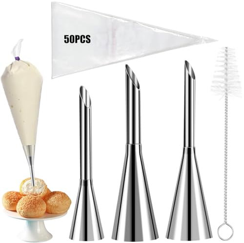 Spritztüllen Set für Windbeutel – 3 Lange Tüllen, Reinigungsbürste + 50 Spritzbeutel (14 Zoll) – Edelstahl, Lebensmittelecht für Backen & Dekoration (3)