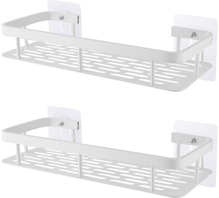 LEADAHEAD Shower Caddy Adhesive No Drill Bathroom Shower Organizers Rustproof Shower Shelves Wall-Mounted Kitchen Spice Rack White Shower Holder 2-Pack
