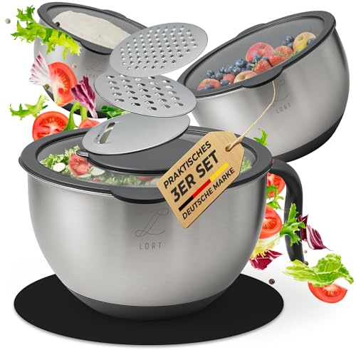 Lort Rührschüsselset Edelstahl mit Deckel & Reiben | Anti-Rutsch Küchenschüssel Set mit Silikonboden & Stapelbar | Salatschüssel mit 3 Reibeeinsätzen | Spülmaschinenfest & Rostfrei