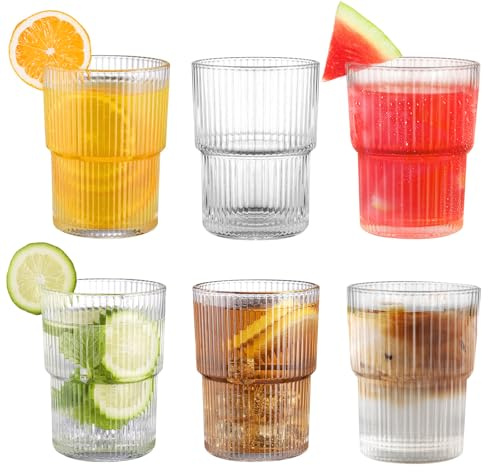 HIGSPE 400ml Geriffelte Gläser, 6er Gerippt Trinkgläser Set, Stapelbare Ripple Gläser Vintage Origami-Stil Glasbecher, Wassergläser für Cocktails Whiskey Tee Soda Kaffee