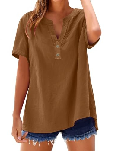 Camisetas Manga Corta Mujer De Algodon Y Lino con Botones Primavera Verano Moda Color Sólido Blusa Cuello En V Camiseta Casual Shirts Trabajo Fiesta Tops Elegante Cómoda Camisa Basica Top