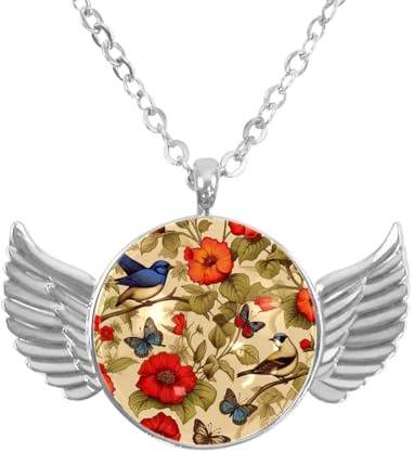 Luoweisi Angel Wings Necklace with Birds Pansies, Aluminum Alloy Jewelry Gifts for Men Women