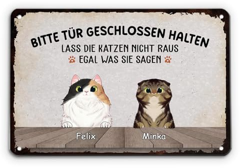 Geschenke Mall Türschild Personalisiert - Bitte Tür Geschlossen Halten - Schild selbst gestalten, Türschild für Katzenbeliebhaber, blechschilder sprüche, schild personalisiert outdoor (2 Katzen)