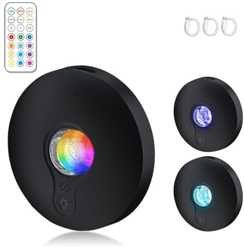 Yohiioyo LED Under Cabinet Lights Rechargeable, Wireless RGB Puck Lights with Remote, 1500mAh, 13 Colors & 2 Dynamic Modes, Push Lights with Timer & Dimmer, Black, Plastic, 3 Pack