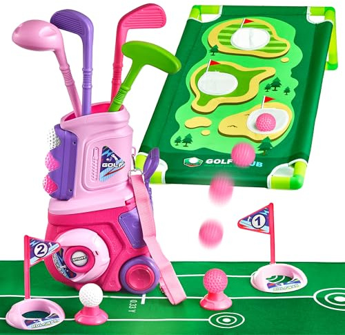 PJG Toddler Golf Set with Mat & Cornhole Board Ages 1 2 3 4 5 Years Old, Plastic Kids Golf Clubs 3-5 with 4 Golf Clubs and 10 Balls, Golf Toy with Cart for Boys and Girls Birthday (Pink)
