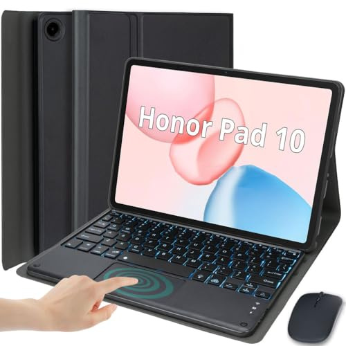 EHLCYS Funda con Teclado para Honor Pad 10 De 12,1 Pulgadas 2025, Español Ñ Teclado Panel Táctil Inteligente con Retroiluminación 7 Colores Teclado Bluetooth, Funda Ultrafina Tipo con Ratón