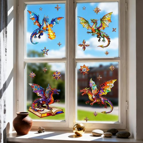 ANATTASOUL Drachen Und Bücher Fensterbilder for Frühling Sommer | Doppelseitig Blickdichter Badezimmer Fensterbilder Kinderzimmer Wiederverwendbare Fensterbilder Frühling for Winter Herbst