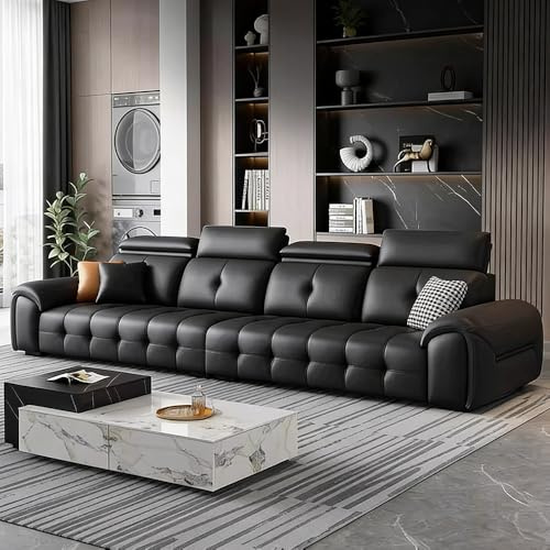 Italiensk lyxig enkel svart lädersoffa, massiv träram, rymlig och mjuk soffa, modern stor storlek, lämplig för vardagsrum/kontor/lägenhet.