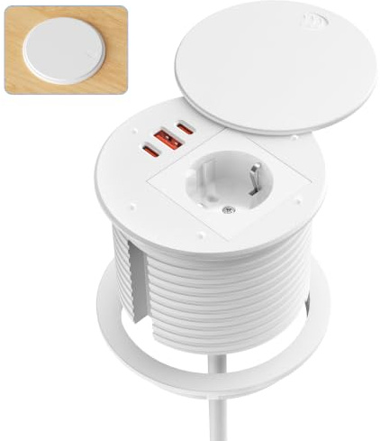 Prise Encastrable, Multiprise Encastrable Plan de Travail 2 USB‑C PD 35W avec Couvercle, 1 USB‑A QC 3.0, 1 Prise AC 16A, Bloc Prise Table pour Bureau, Cuisine, Meuble, Câble 1,8 m, Ø80 mm, Blanc