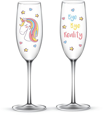 EinhornLiebe Sektgläser Set Einhorn Glas Bye Bye Reality für Champagner oder Sekt 2 Stück im Geschenk Karton