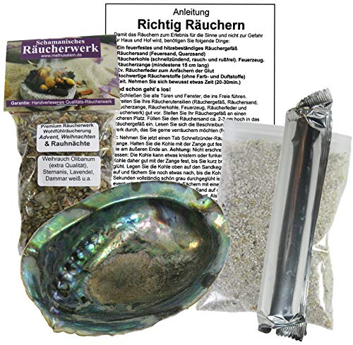 Räuchern mit Räuchermuschel/Räucherschale aus Seeopal 12-14 cm | 5-TLG Set mit Weihrauch Wohlfühlräucherung für Weihnachten & Rauhnächte + Räucherkohle + Anleitung & Zubehör | #81580