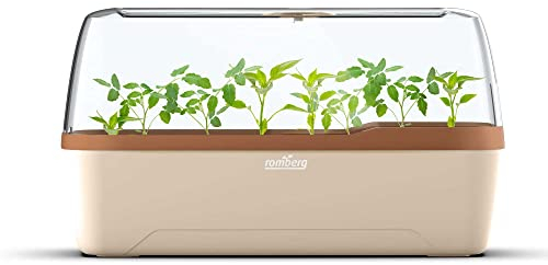 Romberg BoQube L Plus Mini Gewächshaus Anzuchtset & Pflanzkasten mit 10 selbstbewässernden Pflanzzellen und integriertem Bewässerungssystem, Zimmergewächshaus für Indoor Kräutergarten, 41×17×23, Creme