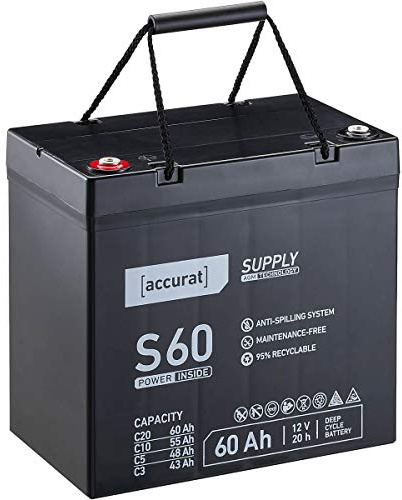 Accurat AGM Batterie S60-12V, 60Ah, zyklenfest, wartungsfrei, Blei Akku | VRLA Versorgungsbatterie, Solarbatterie, Bootsbatterie für Wohnmobil, Wohnwagen, Camper, Bootsbatterie, Mehr Sicherheit