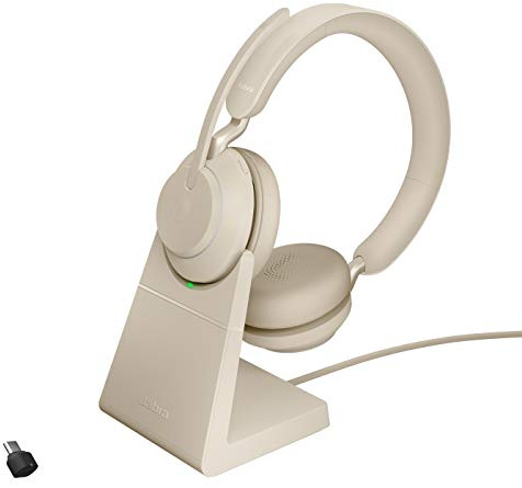 Jabra Evolve2 65 Casque PC Sans Fil avec Station de Charge - Casque Audio Certifié UC Anti-Bruit avec Batterie Longue Durée - Adaptateur Bluetooth USB-C - Beige