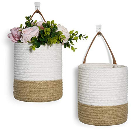 Goodpick 2pack Jute Rope Hanging Basket - Small Woven Fern Wall Hanging Baskets Flower Plants, Woven Basket Key Storage Baskets, White and Jute 7.87 x 7 x 11.7 inches