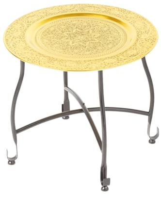 Table d'appoint marocaine en métal Sule Ø 40 cm ronde - Petite table à thé orientale ronde avec cadre pliable en noir - Le plateau de ces tables pliantes est oriental en or