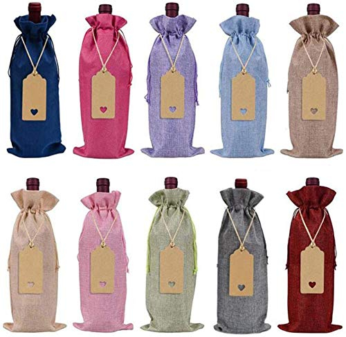 FülleMore 10 Stück Weinbeutel Weinflaschen Jutebeutel mit Kordelzug Wein Tasche Sackleinen Geschenkbeutel Geschenktüten für Wein oder Champagner