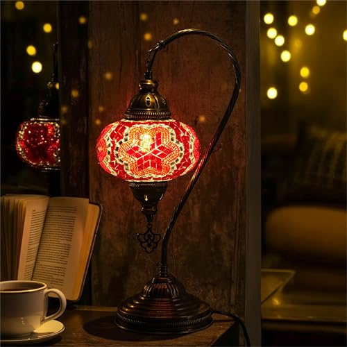 Mozaist Turkish Lamp, Swan Neck Mosaic Table Lamp, Moroccan Decorative Glass Antique Bohemian Vintage Lamp Shade, Tiffany Desk Bedside Stained Glass Lamp with US Plug and E12 Socket
