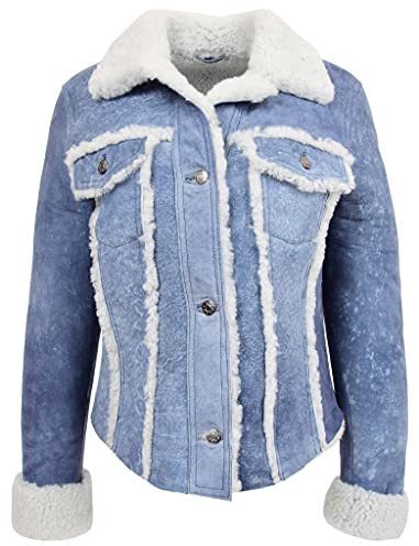 House of Leather Damen Echt Schaffell Trucker Jacke Klassisch Western Stil Kylie Denim Blau 46