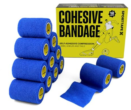 SPORTTAPE 12 Rollen Kohäsive selbstklebender verband - 7,5 cm x 4,5 m - Blau - Selbsthaftendes verbandsmaterial Pet Vet Wrap für Hund und Pferde - Fußball Stutzentape - Kompressionsbinde