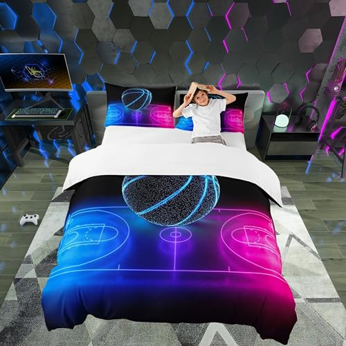 Castle Fairy Basketball Kids Duvet Cover Neon Sport Bedding Set Blue Purple Gradient Glowing Basketball Comforter Cover(No Filler) for Boys Room Decor Bedding Set Twin Size with 1 Pillowcase