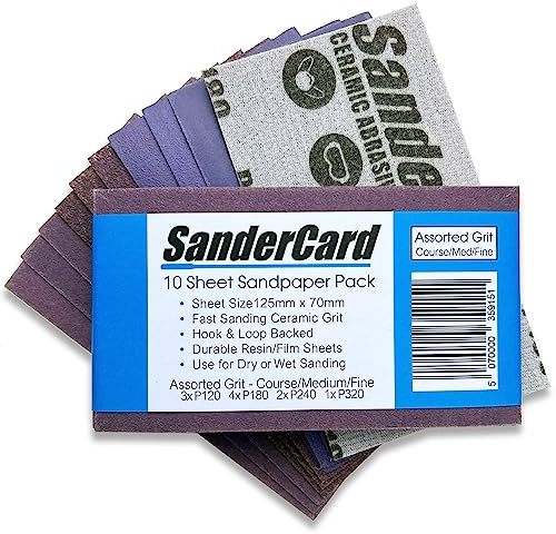 Schleifpapierbögen mit verschiedenen Körnungen, 125 mm x 70 mm, schnelle Schleif-Keramik-Körnung, Filzrückseite, passend für Schleifblöcke, schleift Holz, Farbe und Metall, trocken oder nass, feine
