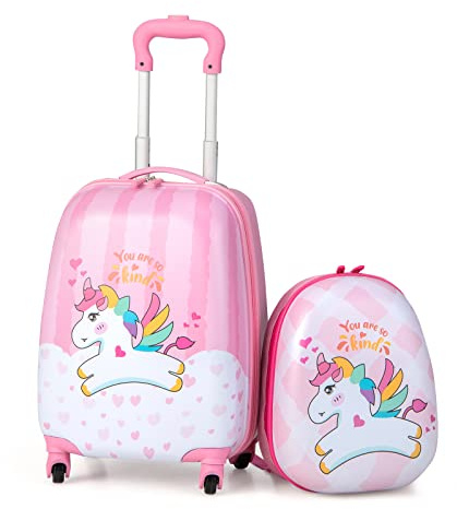 GYMAX Set di Valigia per Bambini, Trolley Bagaglio di 2 Pezzi a Mano Cavalcabile con Cinghia e Tracolla, Valigia Rigida con Ruote e Zaino, Regalo per Bambino e Bambina (12+16, Unicorno 2)