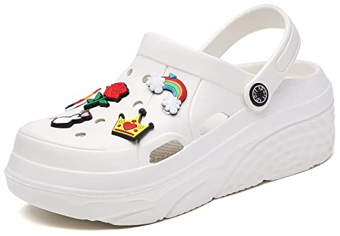 ELIOGN Damen Gardener Plattform Clogs Hausschuhe Leicht Pantoletten Slip On Slides Schuhe Atmungsaktiv Strand Sandalen Gartenschuhe Outdoor Walking Schuhe Abnehmbar Wunderschön Charms Weiß 38