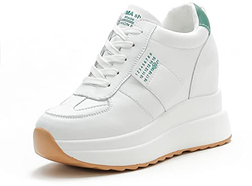 AONEGOLD Baskets à Talons Compensés pour Femmes Chaussures de Course de Voyage et Shopping Basket de Sport de Mode Chaussures Compensées Semelle Epaisse Blanc Vert 38EU