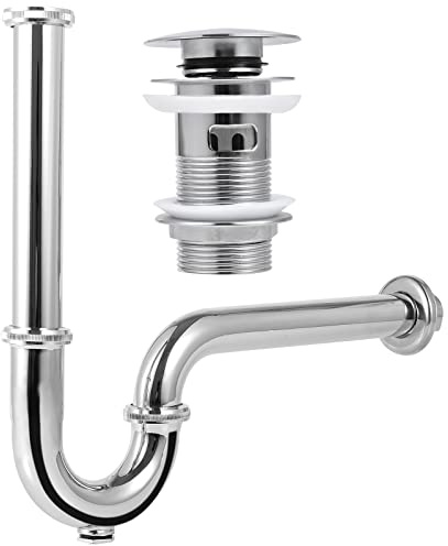 Kit Siphon Universel avec Bonde d'Écoulement pour Lavabo avec Trop-plein, Valve Pop-up Chromée, Bouchon de Lavabo, Vidage Évier