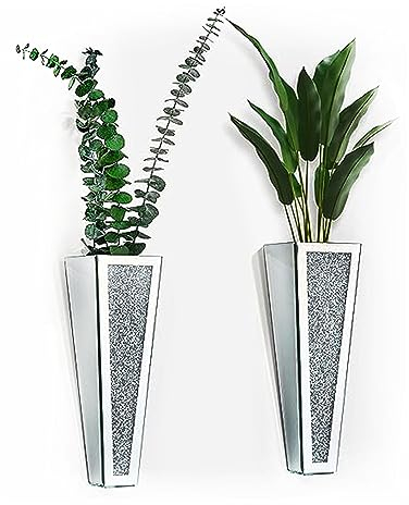 Wittolins Flower Vase, Crystal Wall Vase Hanging Planter Mirrored Container, Silver Crushed Diamond Home Decor for Living Room, Dining Room, Bedroom, Set of 2 （11.2 Inch High）