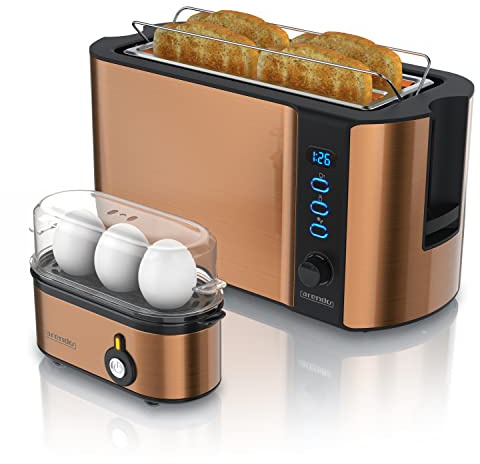 arendo Set Ensembles Grille-Pain FRUKOST et cuiseur à Oeufs THREECOOK INOX cuivre Grille-Pain 4 tranches écran LED 6 degrés de brunissage Support viennoiserie, Cuiseur à Oeufs 1-3 Oeufs Verre doseur