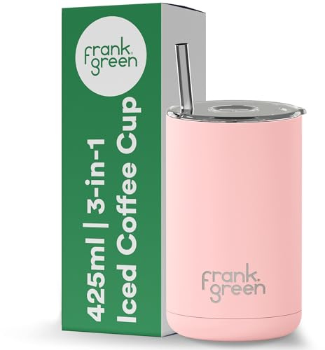 frank green Iced Coffee Cup with Straw - Reusable Travel Mug with Lid and Straw, 3-in-1 Ceramic Lined, Stainless Steel Insulated Cup - Blushed Pink