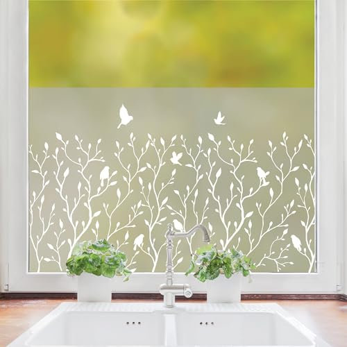 Sichtschutzfolie Gräser mit Vögeln lichtdurchlässige Fensterfolie Fensterdeko Milchglasfolie Wiederverwendbar, 55 cm hoch, 65 cm breit